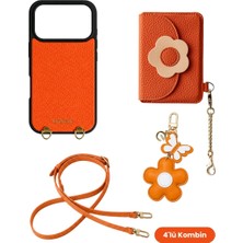 COGURE Hera iPhone 18 Pro / 17 Pro Uyumlu Çiçek Magsafe Cüzdan, Charm, Askı, Kılıf 4\'lü Turuncu Set