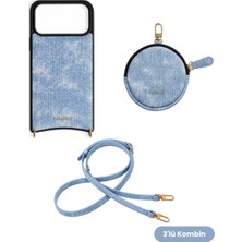 COGURE Hera iPhone 18 Pro Max / 17 Pro Max Uyumlu Denim Kapsül Cüzdan, Crossbody Askı, Oval Kılıf 3\'lü Set