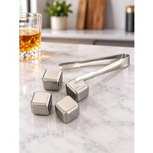 MyBru ERİYİP SULANDIRMAYAN PASLANMAZ METAL BUZ-MAŞALI 4 ADET ÇELİK BUZ KÜPLERİ - SAKLAMA KUTULU (GÜMÜŞ)