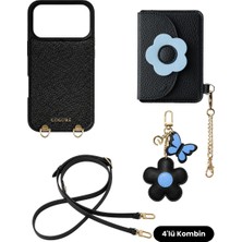 COGURE Hera iPhone 18 Pro / 17 Pro Uyumlu Çiçek Magsafe Cüzdan, Charm, Askı, Kılıf 4\'lü Siyah Set