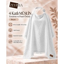 Zeypba 4 Katlı Müslin Beyaz Emzirme Örtüsü ve Puset Örtüsü 110x80 cm, %100 Pamuk Püsküllü (BALENLİ)