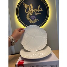 Ogeda Home 2'li Porselen Beyaz Servis Tabağı - 2 Kişilik Porselen Çiçek Desen Tatlı Tabagı Seti