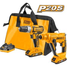 Ingco CKLI2008 20V Lithium-Ion  2 Li Set Şarjlı Matkap + Darbeli Sds Plus Delici  2 Bataryalı)