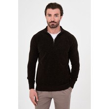 MCR Düz Slim Fit Dik Yaka Fermuarlı Şönil Erkek Triko Kazak