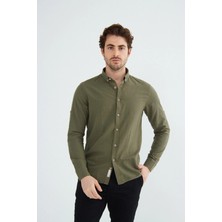 Ravanelli Sarte - Erkek Slim Fit Dar Kesim Düğmeli Yaka Keten Görünümlü %100 Pamuk Flamlı Gömlek