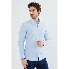 Ravanelli Sarte - Erkek Slim Fit Dar Kesim Düğmeli Yaka Keten Görünümlü %100 Pamuk Flamlı Gömlek