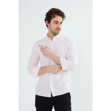 Ravanelli Sarte - Erkek Slim Fit Dar Kesim Düğmeli Yaka Keten Görünümlü %100 Pamuk Flamlı Gömlek