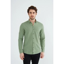 Ravanelli Sarte - Erkek Slim Fit Dar Kesim Düğmeli Yaka Keten Görünümlü %100 Pamuk Flamlı Gömlek