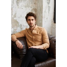 Ravanelli Sarte - Erkek Slim Fit Dar Kesim Düğmeli Yaka Keten Görünümlü %100 Pamuk Flamlı Gömlek