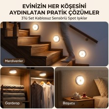 Gaman Günışığı Kablosuz Şarjlı Sensörlü Spot Işık 3'lü Set - Yapışkanlı Merdiven, Gardırop, Tezgah Altı ve Başucu Aydınlatması