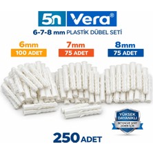 5N Vera 250 Adet Plastik Dübel Seti (6mm-7mm-8mm) Yüksek Dayanıklı Duvar ve Beton Montaj Dübeli