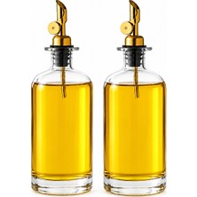 Welcomein 2’li Set 1000 ml Cam Yağdanlık Zeytinyağı Sirke Şişesi Altın Kapaklı Akıtmaz Yağlık