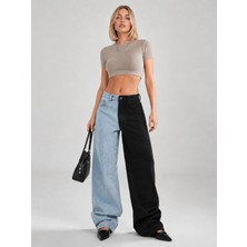 Shevega Kadın Çift Renkli Bol Paça  Jeans Denim Pantolon