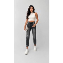 Shevega Füme Yüksek Bel Yırtık Detaylı Boyfriend Mom Jean Kot Pantolon