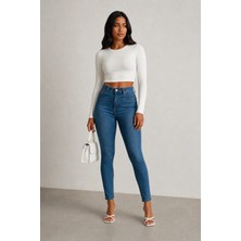 Shevega Mavi Kadın Rahat Kalıp Esnek Likralı Slim Fit Dar Paça Denim Pantolon