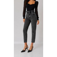 Shevega Kadın Yüksek Bel  Kemer Büzgülü Mom Jeans Kot Karsiyah Pantolon