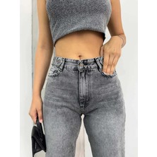 Shevega Kadın Füme Yüksek Bel Kemer Detaylı Fit Mom Jean Boyfriend Kot Pantolon