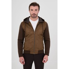 MCR Slim Fit Süet Gövdeli Triko Kollu Kapşonlu Fermuarlı Erkek Mont