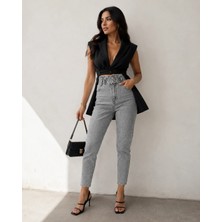 Shevega Gri Yüksek Bel Kemer Büzgülü Çift Düğmeli Kadın Mom Jeans Pantolon