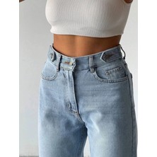 Shevega Kadın Buz Mavi Yüksek Bel Kemer Detaylı Fit Mom Jean Boyfriend Kot Pantolon