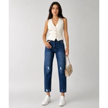 Shevega Lacivert Yüksek Bel Yırtık Detaylı Boyfriend Mom Jean Kot Pantolon