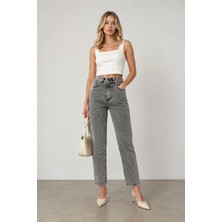Shevega Kadın Yüksek Bel Mom Gri Karsiyah Denim Jeans