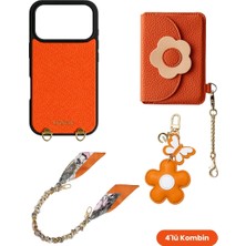 COGURE Hera iPhone 18 Pro / 17 Pro Uyumlu Çiçek Magsafe Cüzdan, Charm, Fular Askı, Kılıf 4\'lü Turuncu Set