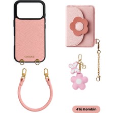 COGURE Hera iPhone 18 Pro / 17 Pro Uyumlu Çiçek Magsafe Cüzdan, Charm, Bileklik, Kılıf 4\'lü Pembe Set
