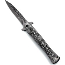 Silyon Askeri Giyim Kamp Outdoor Gül Desenli Ön - Arka - Namlu Gravürlü Çakı 22,5 cm Kilitli 152 gr Hafif