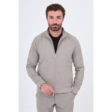 MCR Çizgili Slim Fit Dik Yaka Çift Fermuarlı Yün Erkek Mont