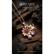Serenity Çiçekli Kedi Figür Çelik Kolye