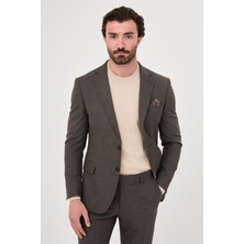 MCR Çizgili Slim Fit Mono Yaka Yeleksiz Yün Karışımlı Erkek Takım Elbise