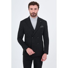 MCR Düz Slim Fit Geniş Yaka Kruvaze Torba Cepli Yün Karışımlı Erkek Takım Elbise