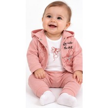 İrem Çocuk Giyim Kız Bebek Kelebek Nakışlı Çıtçıt Kapamalı Kapüşonlu Hırkalı Uzun Kol Badili Eşofmanlı Pudra Renk Üçlü Takım