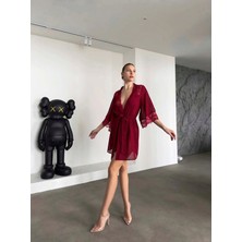 Aria's Closet Şık Tasarım Bordo Dantel Işlemeli Body Suit ve Tül Gecelik Takımı