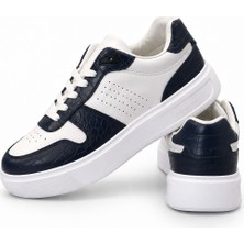 Tonny Black Erkek Beyaz Lacivert Rahat Kalıp Deri Detaylı Bağcıklı Sneaker