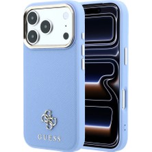 iPhone 18 Pro Kılıf Guess Lisanslı M-Safeli Klasik Yazı ve 4g Logolu Pu Saffiano Kapak Açık Mavi