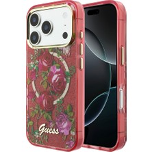 iPhone 18 Pro Kılıf Guess Lisanslı M-Safe Şarj Özellikli Gül Desenli Simli Yazı Logolu Kapak Bordo