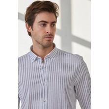 Ravanelli Erkek Gömlek Çizgili %100 Pamuk Keten Görünümlü Düğmeli Yaka Uzun Kol Modern Slim Fit Gömlek