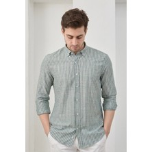 Ravanelli Erkek Gömlek Çizgili %100 Pamuk Keten Görünümlü Düğmeli Yaka Uzun Kol Modern Slim Fit Gömlek