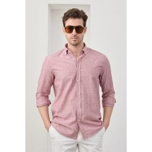 Ravanelli Erkek Gömlek Çizgili %100 Pamuk Keten Görünümlü Düğmeli Yaka Uzun Kol Modern Slim Fit Gömlek