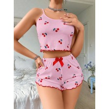 Skygo Revify Kadın Pembe Kiraz Desenli Askılı Şortlu Pijama Takım 5044