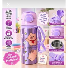 Konak Alışveriş Metal Capibara Motifli Pipetli Çocuk Matarası - 600 ml Kilitli Kapaklı Askılı Suluk
