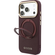 iPhone 18 Pro Max Kılıf Guess Lisanslı M-Safeli 360 Standlı Pu Metal Yazı Logolu Kapak Bordo