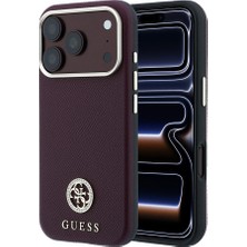 iPhone 18 Pro Kılıf Guess Lisanslı M-Safe Özellikli Pu Taşlı Metal 4g ve Yazı Logolu Kapak Bordo