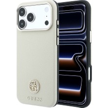 iPhone 18 Pro Max Kılıf Guess Lisanslı M-Safe Özellikli Pu Taşlı Metal 4g ve Yazı Logolu Kapak Bej