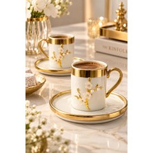 Yzhome 2 Kişilik Lüks Kahve Fincan Takımı 100ML Porselen Gold Yaldızlı İnci Lotus Dallı 4 Parçalı