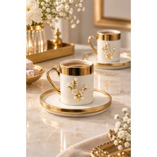 Yzhome 2 Kişilik Kahve Fincan Takımı Seti 100ml Porselen Beyaz Gold Yaldızlı İnci Lotus 4 Parçalı