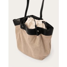 Luminos Aksesuar Kadın Bej Süet Görünümlü Çift Askılı Büyük Tote Omuz Çantası 24X40X14 CNT418