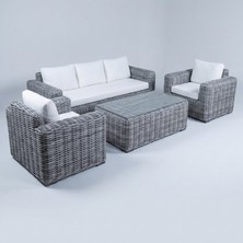 Huteras Kalın Örgü Rattan 3+1+1 Bahçe Oturma Grubu Cam Sehpalı Beyaz Minderli Gri